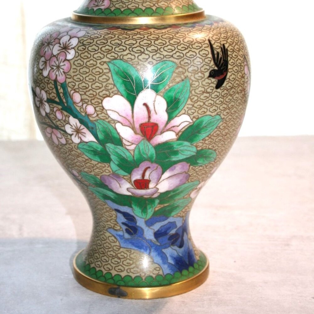 Antique Cloisonne vase, brass, with enameled floral pattern and blackbird motif